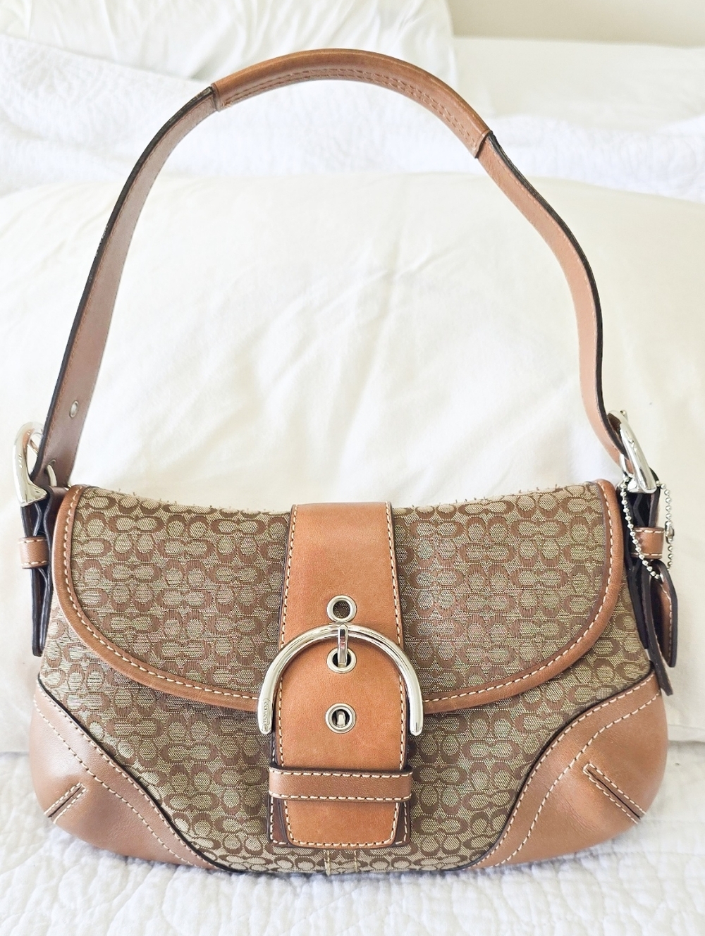 Coach Soho Flap  Signature Canvas Shoulder Bag in Tan and Brown -size Small